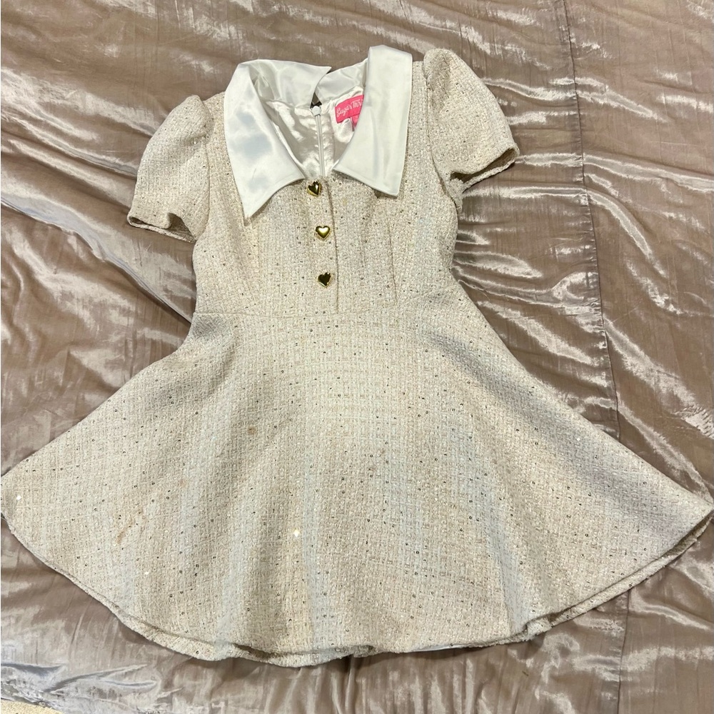 Sugar Thrillz Cream Fit and Flare Puff Sleeve Dress